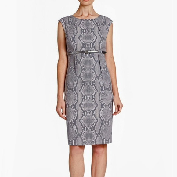 Calvin Klein, NWT, Gray, Snakeskin Print, Belted Sheath Dress, Size 12 - Picture 2 of 14